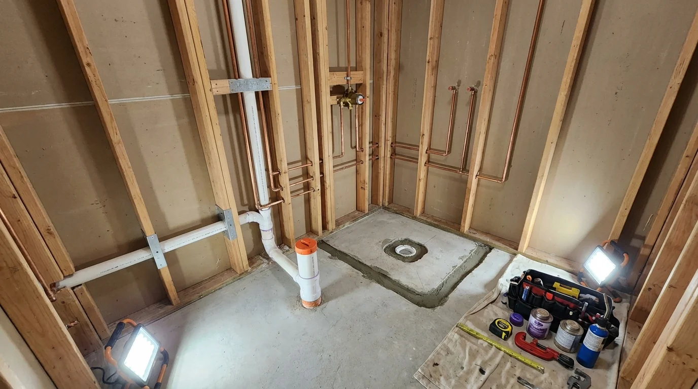 Bathroom rough-in plumbing during remodel by Johns Plumbing LLC in Berrien Springs