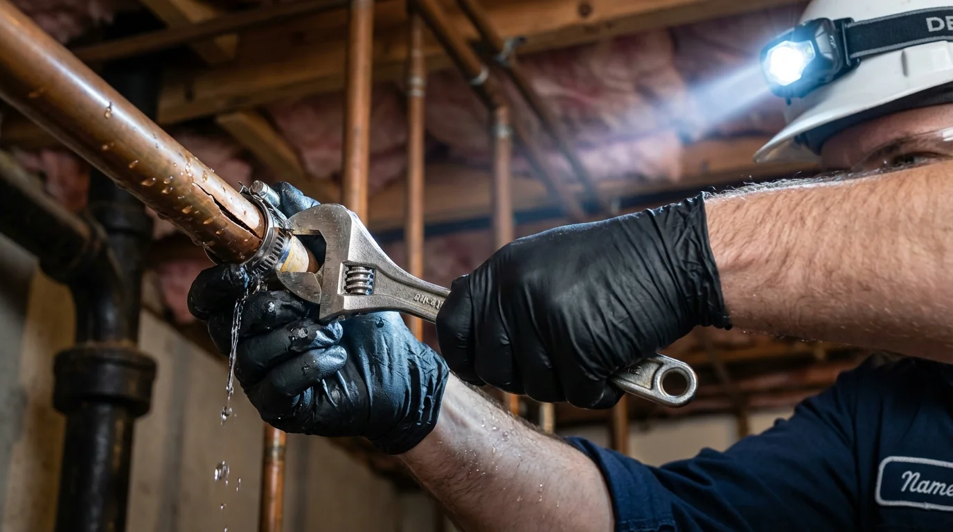 Emergency pipe clamp repair being performed by a Johns Plumbing LLC plumber in Berrien Springs