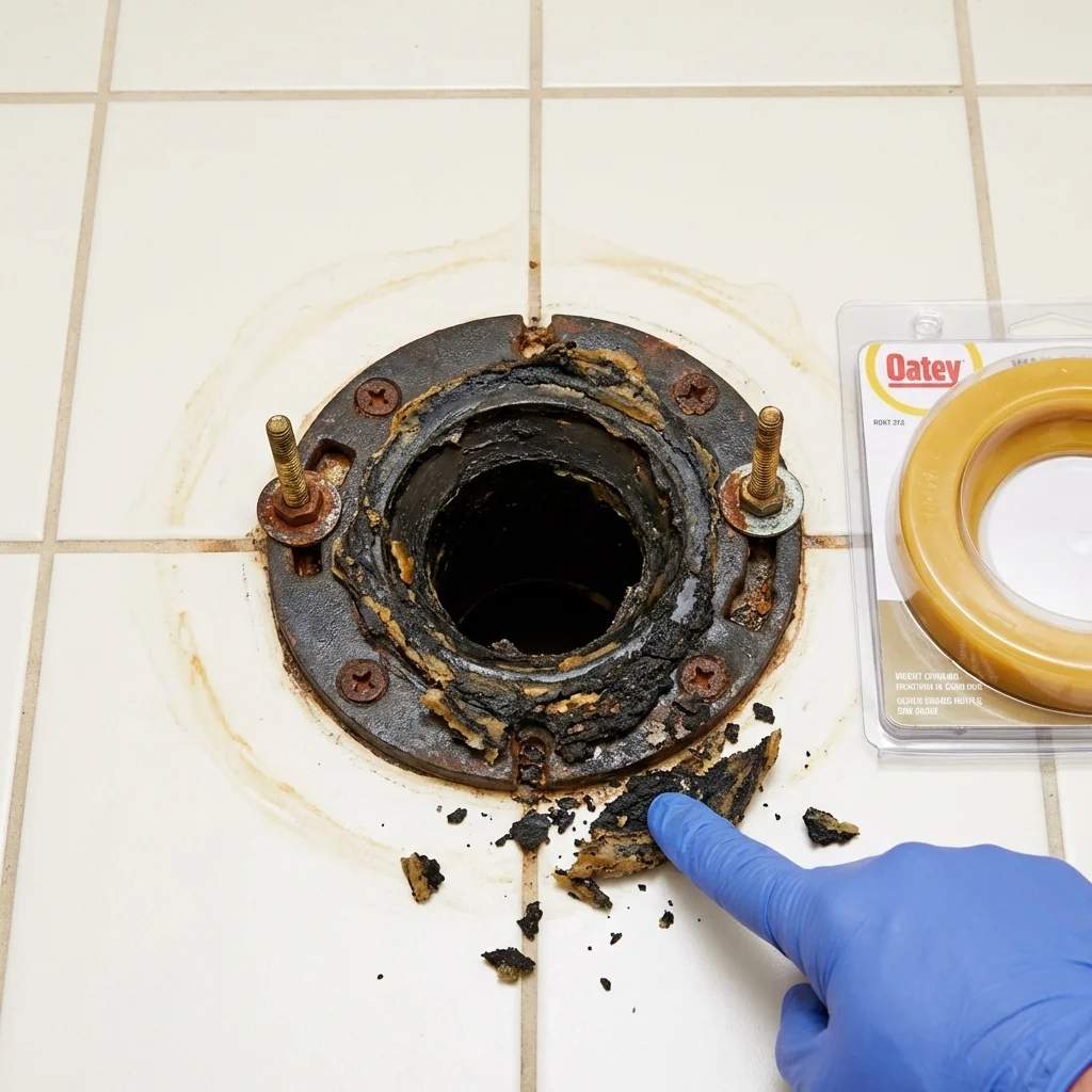 Failed wax ring showing water seepage at the base of a toilet in a Berrien Springs, MI home