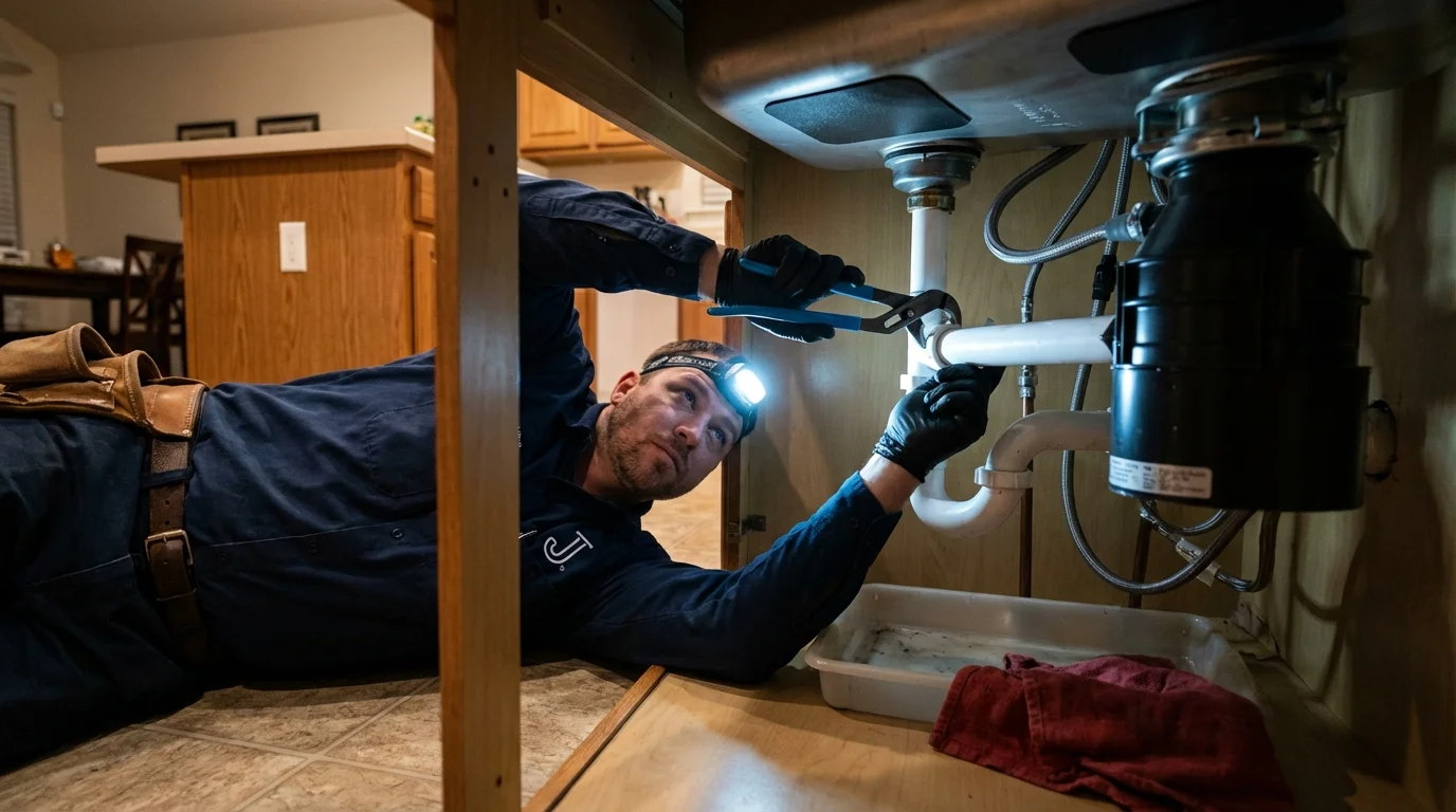 P-trap and supply line connections under a kitchen sink showing a common leak point in Berrien Springs, MI